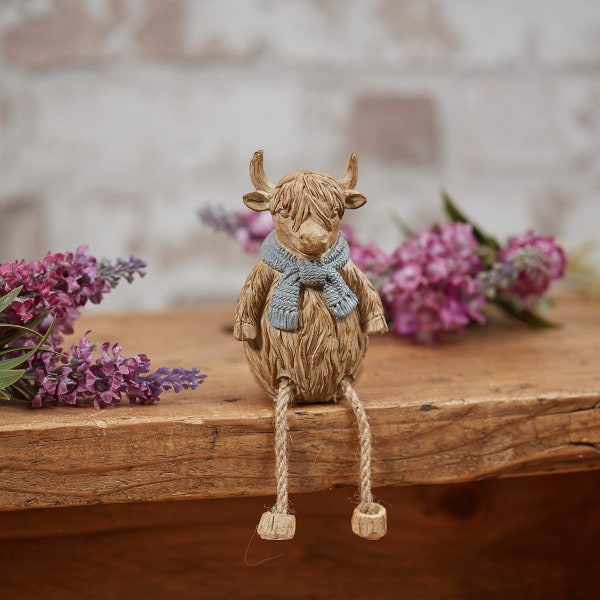 Highland Cow Shelf Sitter With Grey Scarf Resin