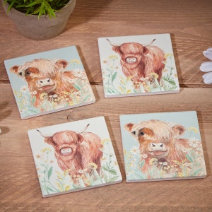 Highland cow slate coasters , slate coasters with floral highland cow , highland cow gifts , gifts for her  , Scottish highland cow