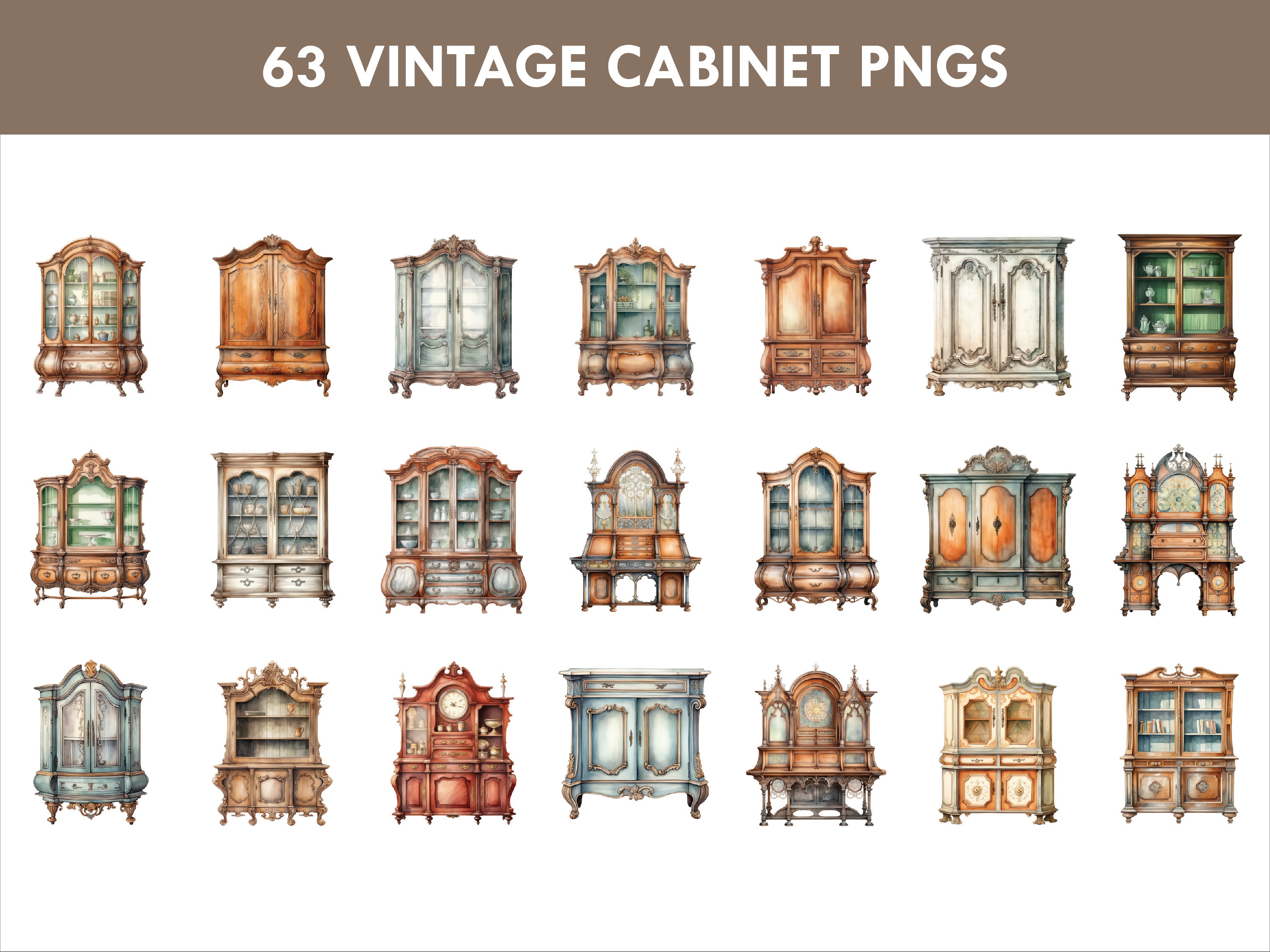 Vintage Cabinets Watercolor Clipart: Antique Furniture Graphics (PNG ...