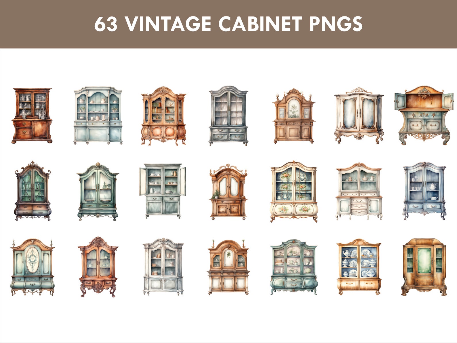 Vintage Cabinets Watercolor Clipart: Antique Furniture Graphics (PNG ...