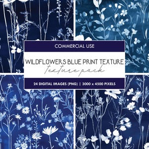 Textura de impressão azul de flores silvestres, papel de artesanato digital floral, gráficos de impressão de flores prensadas, fundos de fundo florais digitais, diário de lixo