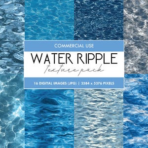 May include: A digital collection of 16 water ripple texture images in JPG format, each measuring 3584 x 5376 pixels. The graphic features various blue and silver aquatic patterns with text reading COMMERCIAL USE WATER RIPPLE texture pack.