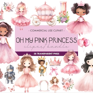 Roze prinses aquarel clipart, schattige sprookjesachtige illustratie, ridderkoets kasteelprins, babyshower, transparante PNG, digitale download