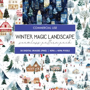 Modello di paesaggio magico invernale ad acquerello, modelli senza soluzione di continuità natalizia, carta digitale per le vacanze invernali, sfondo con trama di scena festiva, PNG