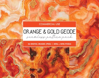 May include: A digital download of 26 seamless patterns featuring orange and gold agate geode textures. Each pattern is 4096 x 4096 pixels and is perfect for use in digital and print projects.