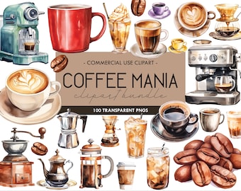 May include: A watercolor illustration of coffee-themed clipart, including coffee cups, coffee makers, coffee beans, and iced coffee. The text "COFFEE MANIA clipart bundle 100 TRANSPARENT PNGS" is included in the image.
