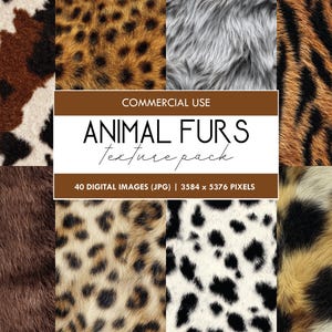 May include: A digital pack of animal fur textures. The image displays a variety of patterns, such as cowhide, leopard spots, and tiger stripes. The text overlay reads "ANIMAL FURS Texture pack" and specifies 40 digital images.