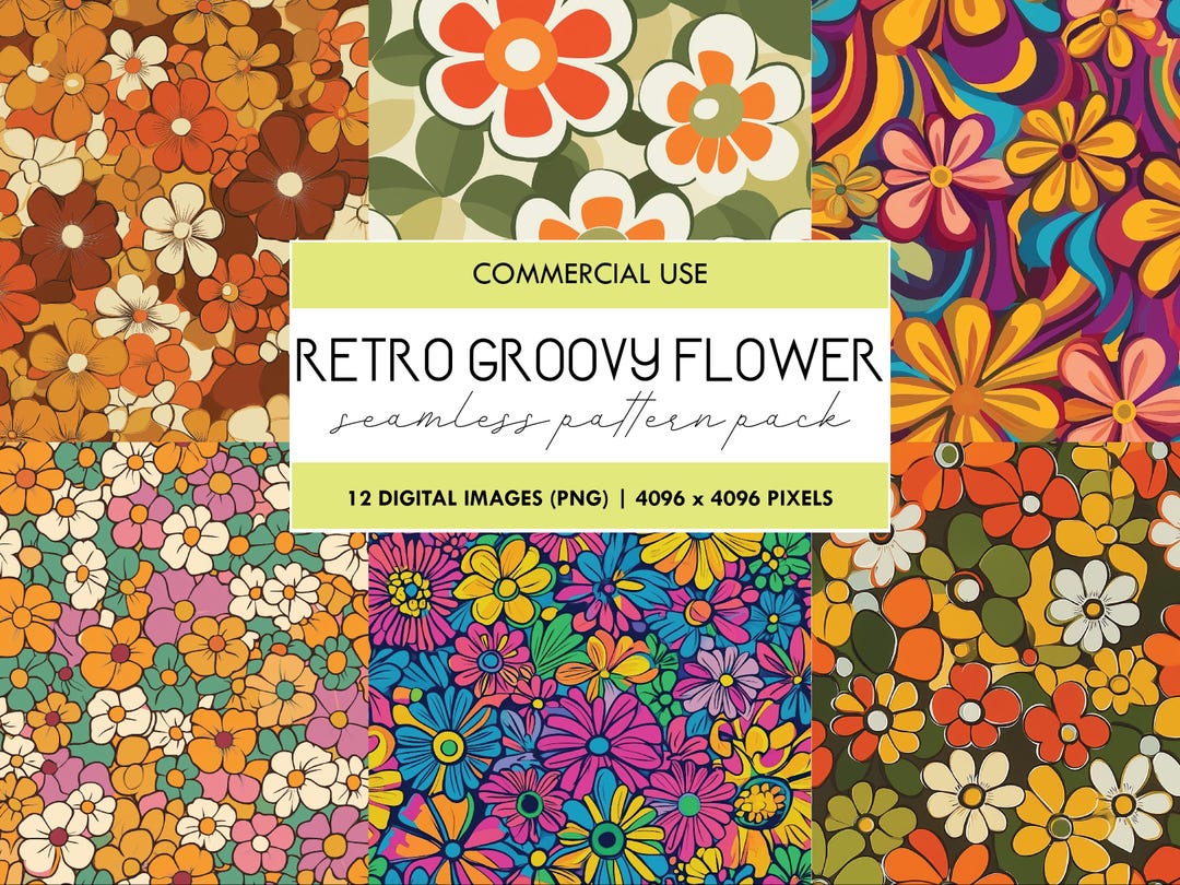 Retro Groovy Flower Seamless Pattern: Hippie Floral Digital Paper (PNG ...
