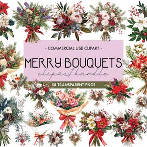 Clipart de aquarela de buquês alegres, flores festivas de Natal, clipart floral, arte de jardim para temporada de férias, imprimíveis de decoração de Natal, 58 PNG