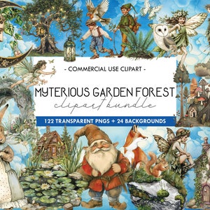 Clipart jardin forêt mystérieuse, éphémères techniques mixtes, graphismes imprimables, illustration de conte de fées, fées lunatiques, gnomes, arbres