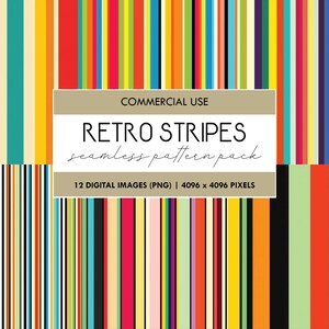 May include: A set of 12 digital seamless pattern images featuring retro stripes in various colors. Each image is 4096 x 4096 pixels and is perfect for digital scrapbooking, crafting, and design projects.