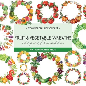 Può includere: Un set di 49 immagini clipart digitali di ghirlande di frutta e verdura. Le ghirlande sono fatte di vari frutti e verdure, tra cui pomodori, limoni, lime, arance, uva, ananas, peperoni, ravanelli e altro ancora. Le ghirlande sono tutte in stile acquerello e hanno uno sfondo bianco.