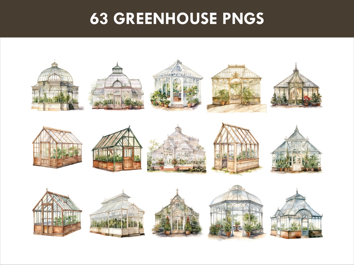 Greenhouses Watercolor Clipart, Gardening Graphics, Solarium Illustrations, Sunroom, Hoop House ...