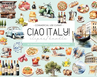 May include: A watercolor clipart bundle featuring Italian-themed imagery, including a gondola, a Vespa scooter, a plate of pasta, a glass of red wine, a coffee cup, a loaf of bread, a plate of cheese, a bottle of olive oil, a lemon tree, a gondola, a mask, and the Colosseum. The text "CIAO ITALY! clipart bundle" is featured in the center of the image.