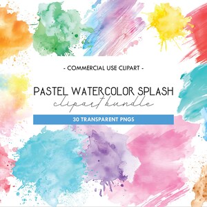 Op de afbeelding: Een set van 30 aquarel clipart-afbeeldingen in pastelkleuren. De afbeeldingen zijn in verschillende vormen en maten, waaronder spatten, penseelstreken en abstracte vormen. De afbeeldingen zijn transparante PNG-bestanden.