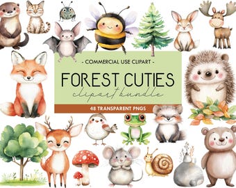 Imágenes prediseñadas de animales del bosque en acuarela, imágenes PNG para baby shower (descarga digital)