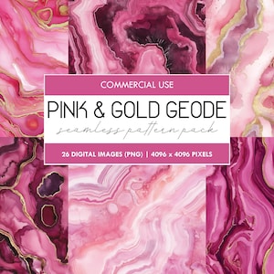 Padrão de cristal geodo rosa e dourado aquarela sem costura, papel digital de ágata, papel de pedra preciosa para impressão, minerais preciosos, plano de fundo, PNG