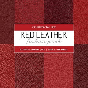 May include: A digital pack showcasing diverse red leather textures. The image presents a grid of leather patterns and shades, ranging from deep burgundy to vibrant red. Text on the image reads "RED LEATHER Texture pack" and "22 DIGITAL IMAGES (JPG)".