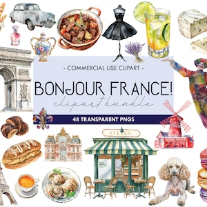 Paquete de imágenes prediseñadas de acuarela de viajes de Francia, imágenes prediseñadas de vacaciones de verano, imágenes prediseñadas de aventuras navideñas francesas, viajes, París, PNG transparentes