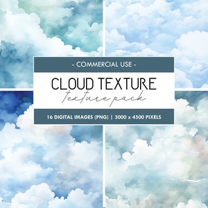 May include: A digital download pack of 16 cloud texture images. The images are high resolution, 3000 x 4500 pixels, and are perfect for adding a touch of sky to your designs. The images feature a variety of cloud formations, from fluffy white clouds to wispy blue clouds.