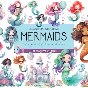 Meerjungfrau Aquarell Clipart, Magische Fantasy Grafik, Süße Meer Tiere Illustration, Kommerzielle Nutzung