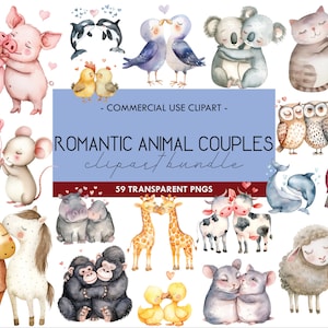 Watercolor Animal Couples Clipart: Romantic PNG Bundle (Commercial Use)