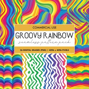 Può includere: Un pacchetto di arte digitale con sei motivi senza soluzione di continuità vibranti con un tema arcobaleno groovy. I motivi includono disegni ondulati e a righe in uno spettro di colori, con il testo "GROOVY RAINBOW seamless pattern pack". Il pacchetto contiene 26 immagini digitali, ciascuna 4096 x 4096 pixel.