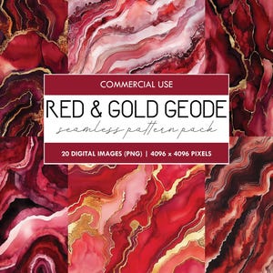 May include: A digital paper pack featuring 20 seamless patterns of red and gold agate. The patterns are perfect for creating backgrounds, textures, and designs for digital and print projects.