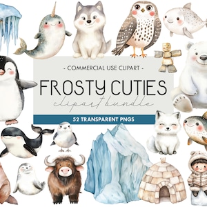 Frosty Cuties aquarelle Clipart, clipart animaux mignons de l'Arctique, clipart faune polaire, hiver clipart, chambre d'animaux Decor PNG, igloo, renard