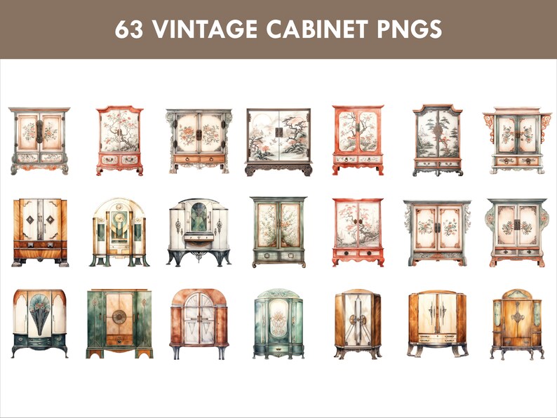 Vintage Cabinets Watercolor Clipart: Antique Furniture Graphics (PNG ...