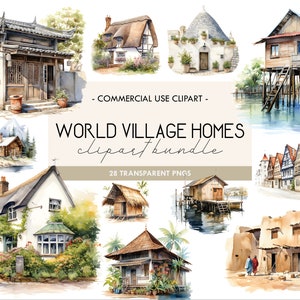 Pacchetto World Village Homes Clipart, Casa di villaggio, Casa tradizionale, Scene di villaggio, Cottage, Yurta, Rimessa per barche, Download digitale, PNG