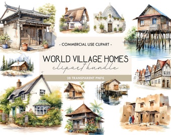 May include: A digital clipart bundle of 28 watercolor illustrations of houses from around the world. The illustrations are in a variety of styles, including traditional, modern, and rustic. The bundle includes houses from China, England, Italy, Germany, and more. The text "WORLD VILLAGE HOMES clipart bundle 28 TRANSPARENT PNGS" is included in the image.