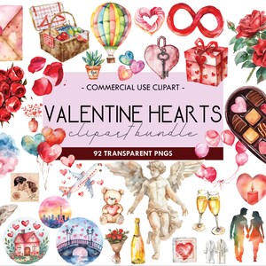Valentine Hearts Acuarela Clipart, Gráficos del Día de San Valentín, Rosas, Carta de Amor, Ilustraciones Románticas, PNG Transparente, Uso Comercial