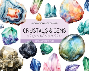 May include: A digital clipart bundle of 30 watercolor illustrations of various crystals and gems. The illustrations are in a variety of colors, including green, blue, purple, pink, and brown. The text "CRYSTALS & GEMS clipart bundle 30 TRANSPARENT PNGS" is displayed on a purple background.