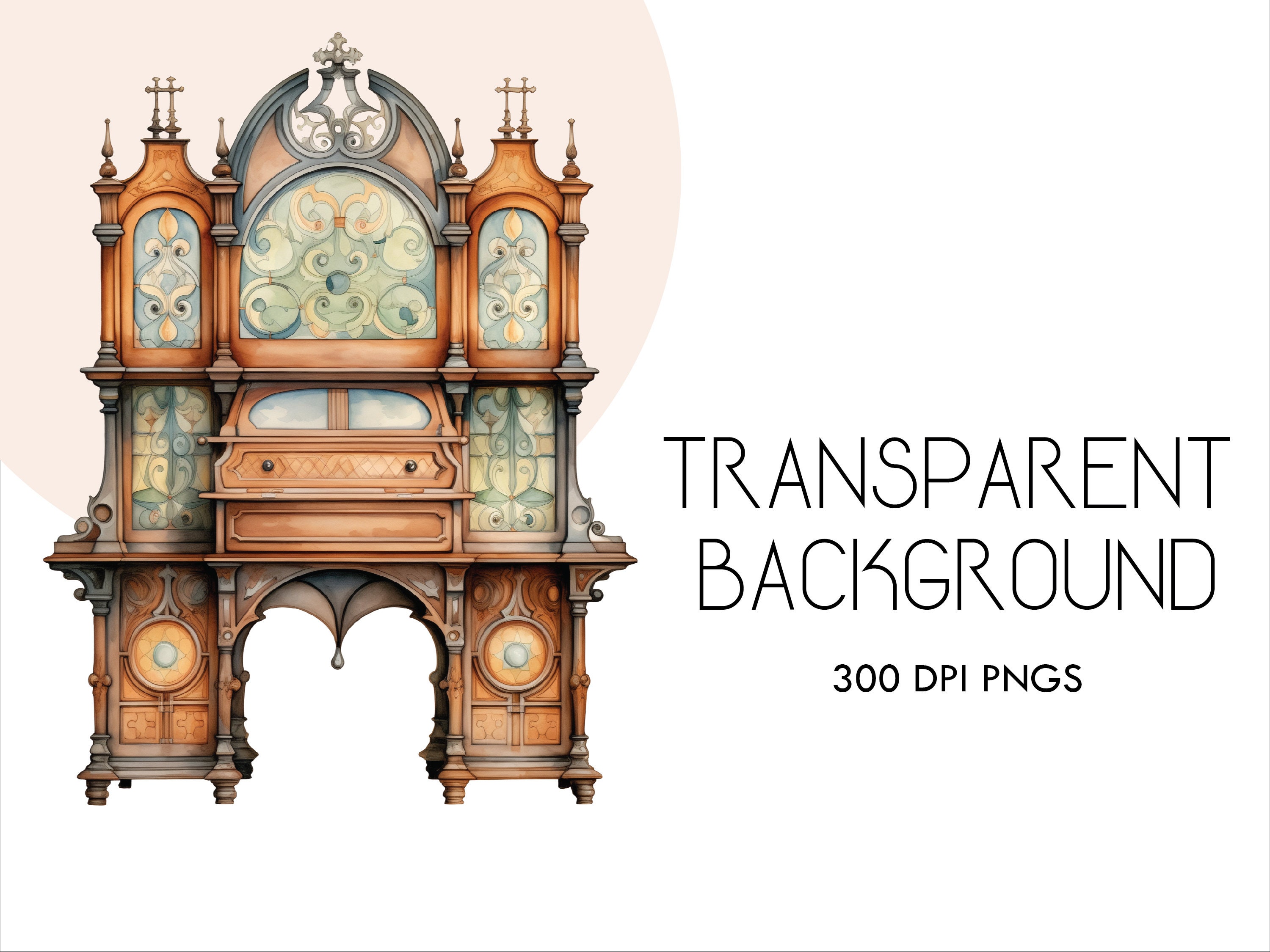 Vintage Cabinets Watercolor Clipart: Antique Furniture Graphics (PNG ...