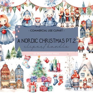 Pacchetto di clipart di Natale nordico, clipart di Natale in acquerello, clipart invernale, Natale scandinavo, festività natalizie, download digitale, PNG