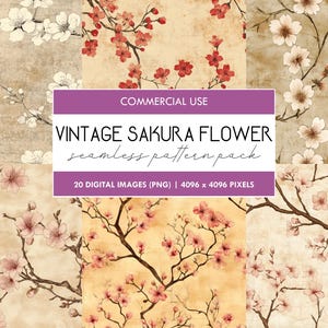 Modello senza cuciture con fiori di ciliegio vintage, carta digitale antica con fiori di ciliegio, sfondo con texture floreale primaverile, pacchetto di carta antica stampabile PNG