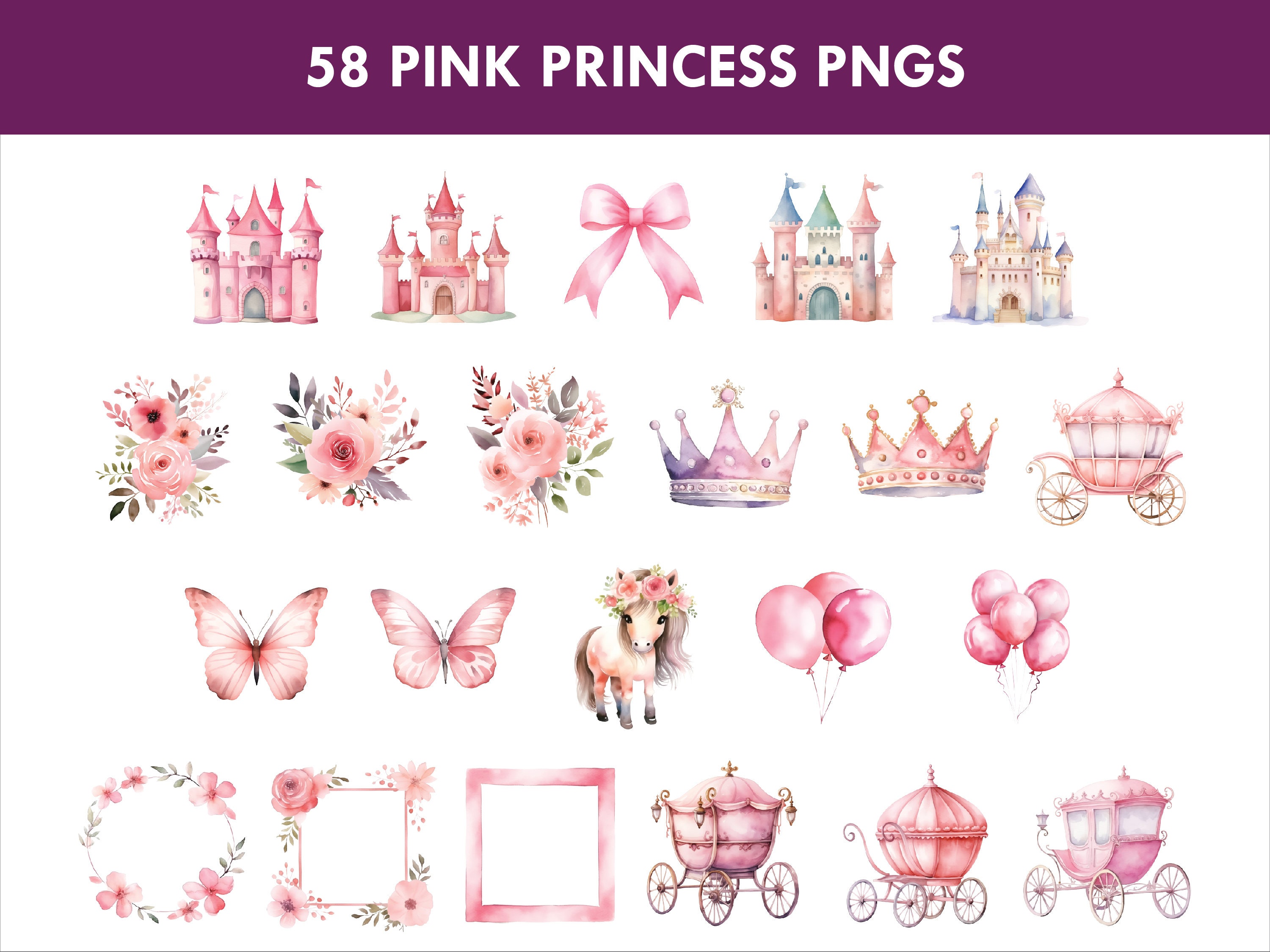 Pink Princess Watercolor Clipart: Fairytale PNG Images (digital ...