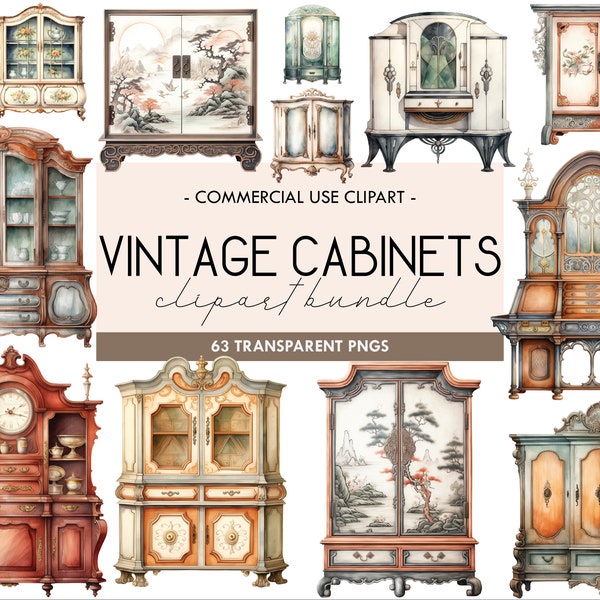 Vintage Cabinets Watercolor Clipart, Antique Furniture Graphics, Retro Furnishings, Cupboard, Closet,  Armoire, Digital, Transparent PNG