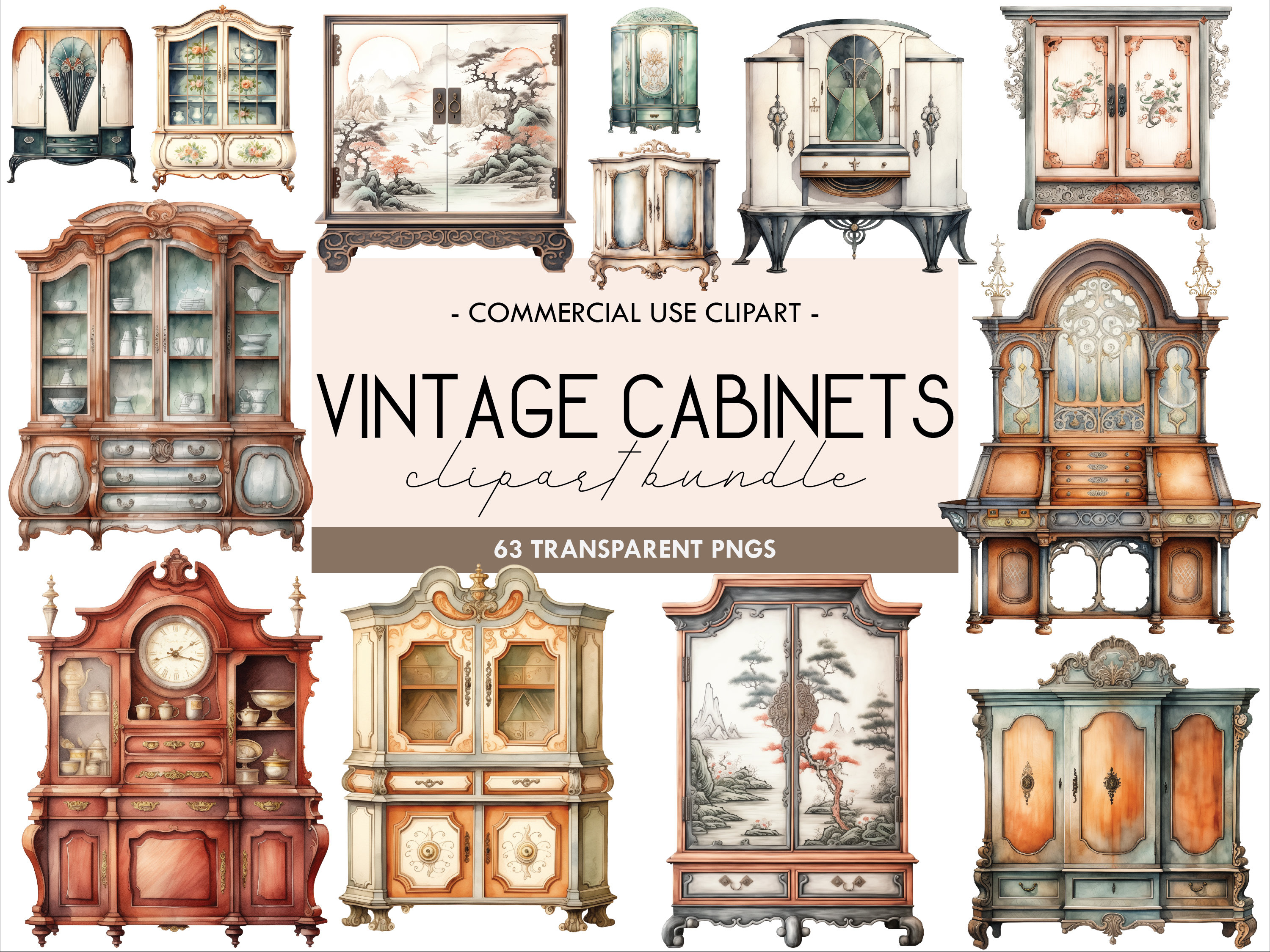 Vintage Cabinets Watercolor Clipart: Antique Furniture Graphics (PNG ...