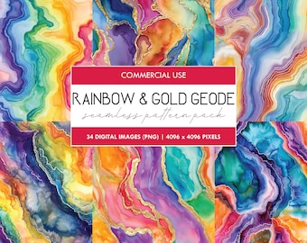 May include: A digital download pack of 34 seamless patterns featuring rainbow and gold geode designs. Each pattern is 4096 x 4096 pixels and is perfect for creating digital or printed projects.