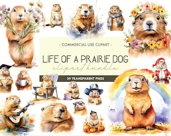 May include: A watercolor illustration set featuring 39 prairie dogs in various poses and activities. The set includes a prairie dog wearing a graduation cap, a prairie dog playing guitar, a prairie dog wearing a Santa hat, and more. The text "Life of a Prairie Dog clipart bundle" is included in the image.