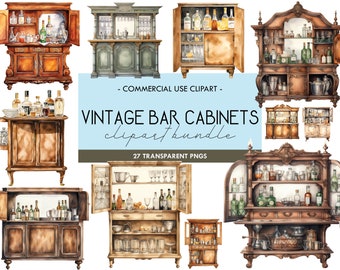 Watercolor Vintage Bar Cabinet Clipart: Retro Mini Bar Graphics (PNG)