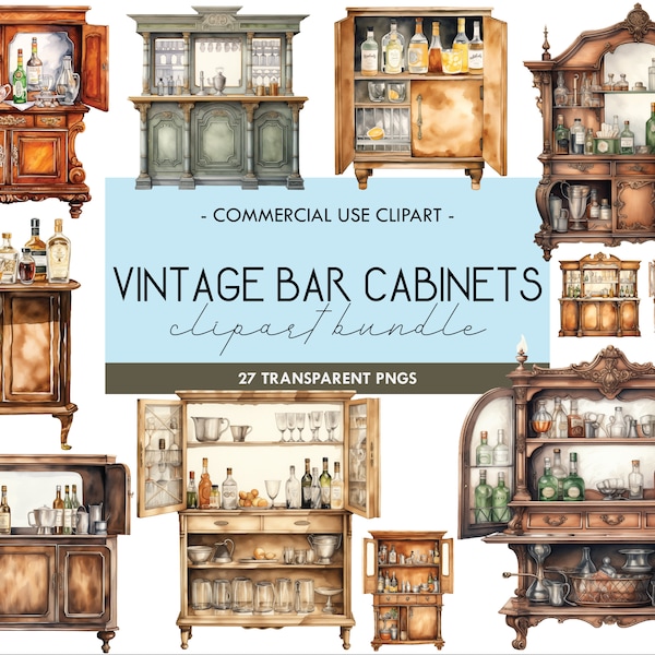 Vintage Bar Cabinets Watercolor Clipart, Retro Mini Bar Graphics, Bar Unit Clipart, Cellarette, Cellaret, Digital Print, Transparent PNG