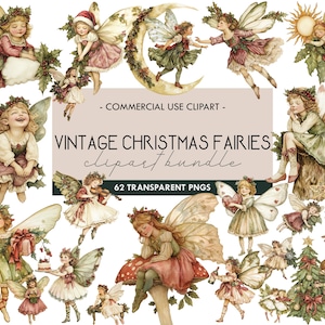 Imágenes prediseñadas de hadas navideñas vintage, gráficos efímeros de hadas retro, jardín de bosque de hadas, impresión digital de decoración navideña, guardería mágica PNG