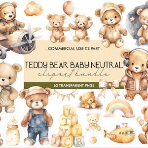 Clipart akwarelowy misia, ilustracja neutralna pod względem płci, Baby Shower, niedźwiadek, uroczystości dla dzieci, przezroczysty PNG, pobieranie cyfrowe