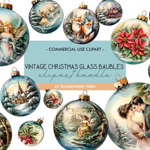 Vintage Christmas Glass Baubles Watercolor Clipart, Classic Christmas Decorations, Retro Ornaments, Transparent PNG, Christmas SVG