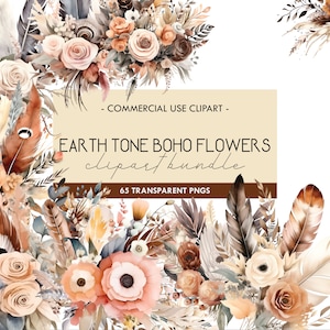 Clipart de flores em aquarela Boho, buquês florais em tons de terra, bege neutro, elementos, apanhador de sonhos, penas, molduras pré-fabricadas, uso comercial