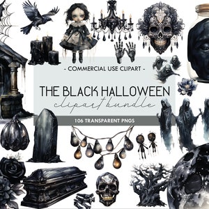 Les cliparts aquarelle Halloween noir, Halloween noir et blanc, des cliparts pour travaux manuels en papier, décoration, journal indésirable, art numérique, PNG transparent