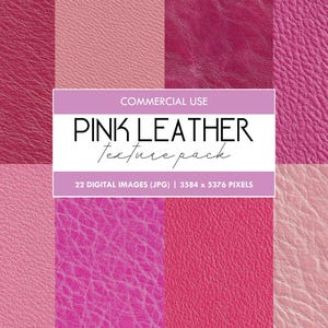 Puede incluir: Una colección de texturas de cuero rosa en varios tonos, desde rosa claro hasta magenta intenso. La imagen incluye una pancarta central con el texto "PINK LEATHER Texture pack" y detalles sobre las imágenes digitales.